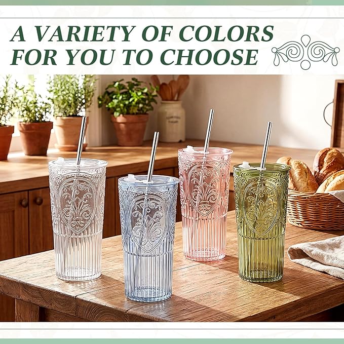 4 Set 20oz Vintage Plastic Tumbler with Lids and Straws Ribbed Floral Drinking Glasses Reusable Iced Coffee Cups for Water Juice Smoothie Cocktail Travel Party Events Gift (Green)