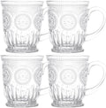Vintage Glass Mugs Set of 4 – 10oz Vintage Coffee Mugs or Pressed Glass Tea Cup with Sunflower Design, Clear Tea Cup, Perfect for Affogato or boujee entertaining, Dishwasher Safe, Lead-Free