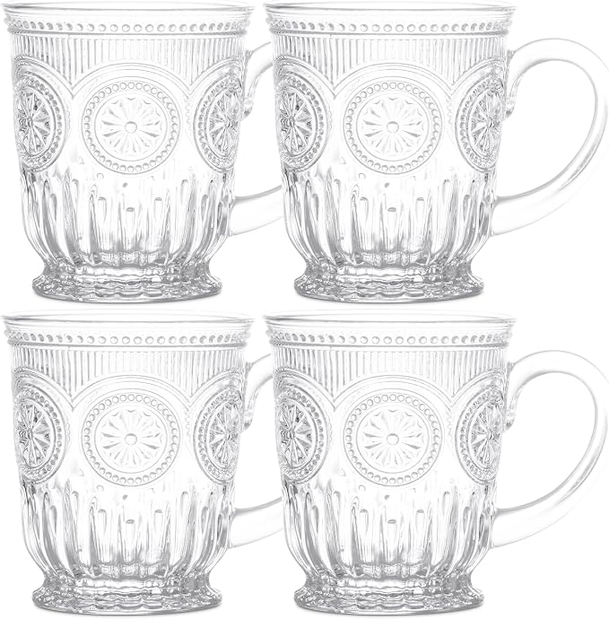 Vintage Glass Mugs Set of 4 – 10oz Vintage Coffee Mugs or Pressed Glass Tea Cup with Sunflower Design, Clear Tea Cup, Perfect for Affogato or boujee entertaining, Dishwasher Safe, Lead-Free