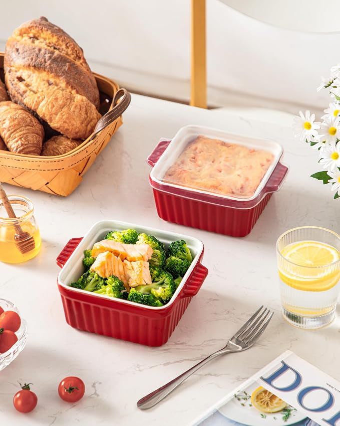 MALACASA Baking Dishes for Oven, Small Ceramic Baking Dishes with Silicone Lids for Individual Portions 5.5" x 5.5" Square Casserole Dishes Set of 2 Oven Microwave, and Air Fryer Safe, Red