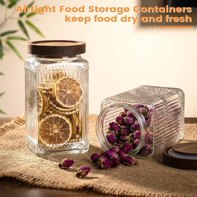 6 Pcs Vintage Glass Storage Jar with Lid 34 oz Glass Containers Stylish Ribbed Pattern Airtight Kitchen Jars Candy Jar for Food Cookies Candy Coffee Tea Beans Grains Storage