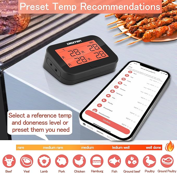 DIGITEN Bluetooth Grilling Thermometer Wireless Meat Thermometer with 4 Probes BBQ Thermometer Smoker Thermometer Instant Read Thermometer Smart Rechargeable Food Thermometer