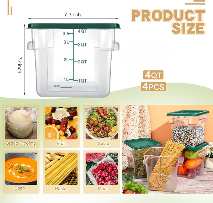 Maxcheck 4 Pcs 4qt Food Storage Container with Lids Bulk Clear Plastic Commercial Food Storage Bins with Scale Handle Space Saving Restaurant Tubs for Kitchen Prep Proof Dough(Multicolor)
