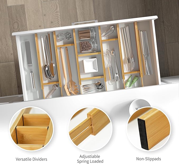 EcoFives Adjustable Bamboo Drawer Dividers with Inserts, Expandable Spring-Loaded Drawer Organizer for Kitchen, Clothes, Tools, Silverware, Bamboo Organizer Separators - 6 Large Pieces