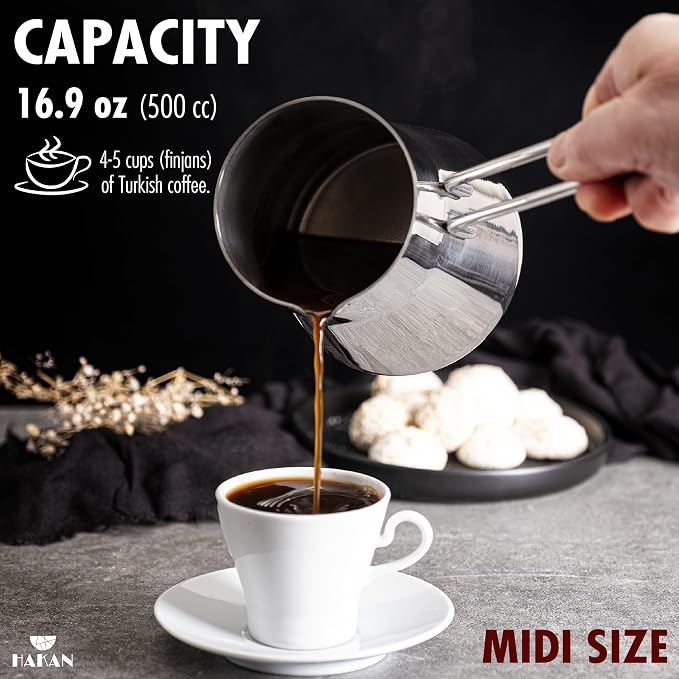 Hakan Turkish Coffee Pot, Greek Arabic Coffee Cezve, Stainless Steel Stove Top Milk Warmer, Chocolate Melting Pot with Spout, Chai Pot, Ibrik, Briki | 16.9 oz. (500 cc)
