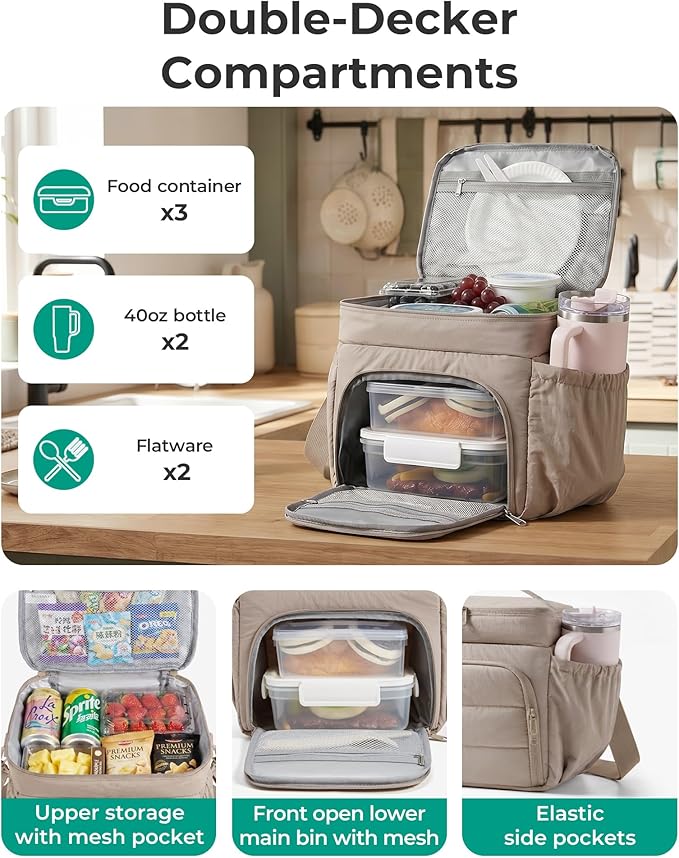 BAGSMART Puffy Insulated Lunch Bag, Lightweight Large 14L Double Deck Lunch Box for Women, Soft Cooler Tote for Office Work Travel Camping with Stretch Side Pockets Fits 40 oz Bottle, Lavender Purple