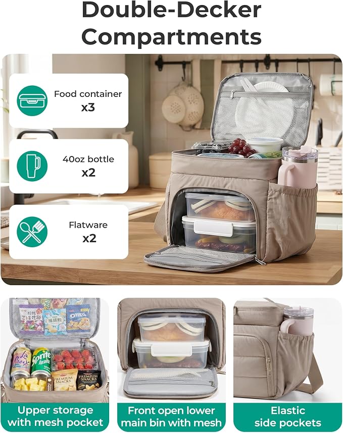 BAGSMART Puffy Insulated Lunch Bag, Lightweight Large 14L Double Deck Lunch Box for Women, Soft Cooler Tote for Office Work Travel Camping with Stretch Side Pockets Fits 40 oz Bottle, Camel