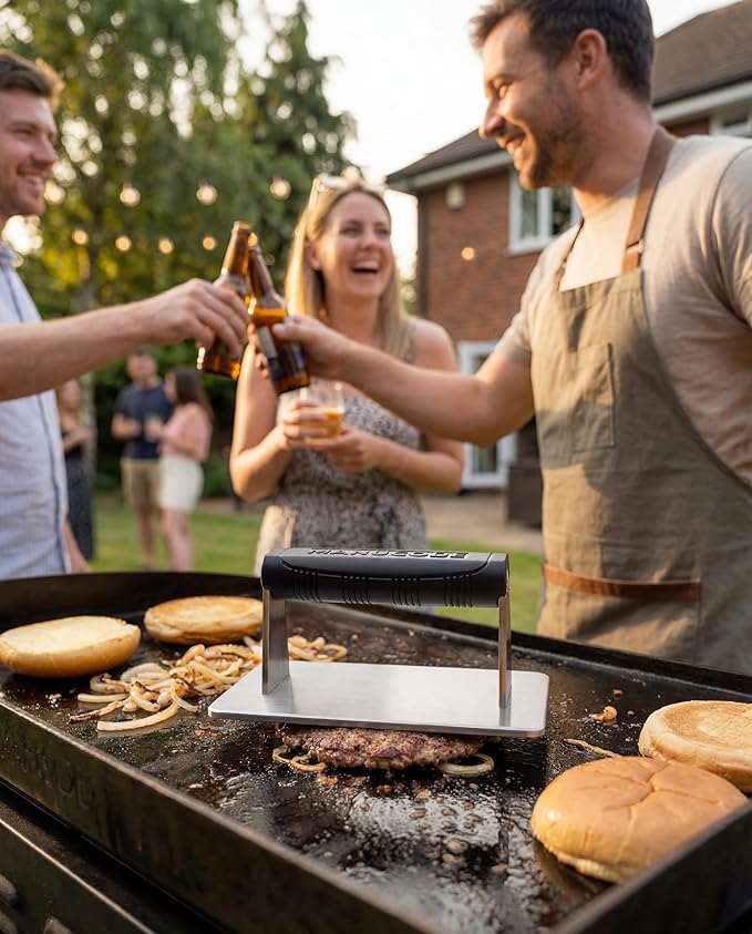 Stainless Steel Burger Smasher 2.50 LB – 8x4.25 Inch Steak Weight for Smash Burgers, Bacon, Sandwiches | Dishwasher Safe, Preheatable Protein Press with Silicone Handle | Commercial BBQ Tool