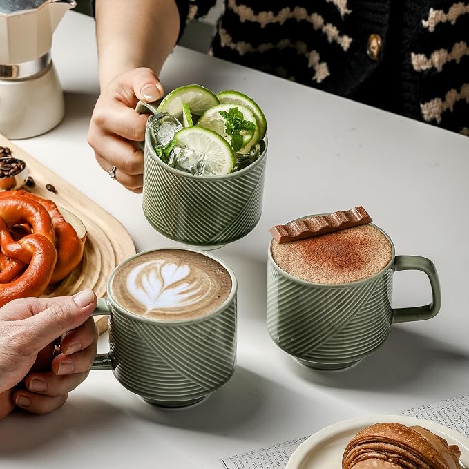 Stackable Coffee Mugs with Rack: 13 oz Stacking Ceramic Cups with Stand - Porcelain Stacked Tea Mug Set of 4 (Pea Green)