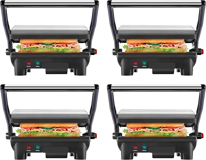 Chefman Electric Panini Press Grill,Compact 2-Slice Sandwich Maker,Non-Stick Coated Plates,Opens 180 Degrees,Dishwasher Safe,Removable Drip Tray,Stainless Steel/Black,(Pack of 4)