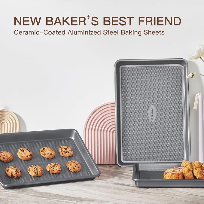 HONGBAKE 3 Pack Nonstick Ceramic Baking Sheet Pan Set for Oven, Non-Toxic Half/Quarter/Jelly Roll Pans with Diamond Texture, 0.8mm Aluminized Steel Cookie Trays for Cooking, Charcoal Gray