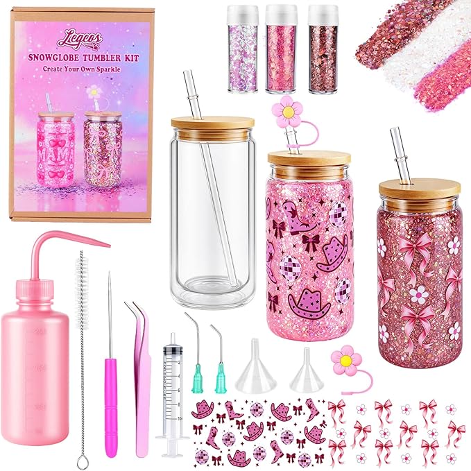 Snow Globe Tumbler Starter Kit, Snowglobe Tumbler Supplies–Includes 16oz Pre-Drilled Double Wall Acrylic Cups, UV DTF Cup Wraps Mixed Glitters Squeeze Bottle Funnel, Birthday Gifts for Girls Women