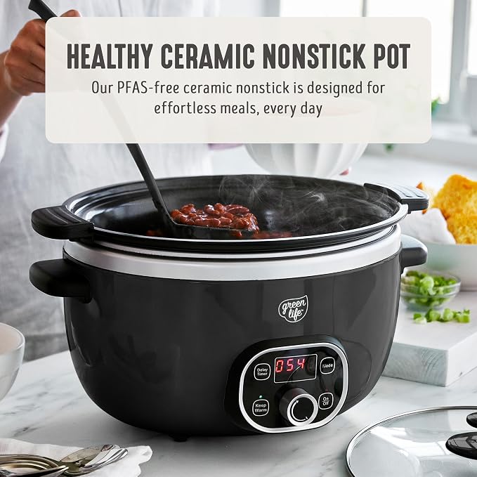 GreenLife 6QT Slow Cooker, Non-Toxic PFAS-Free Ceramic Nonstick Removable Interior Bowl, Programmable, Family Friendly, Keep Warm, Stovetop & Oven Safe, Dishwasher Safe Crock, Timer, Glass Lid, Black