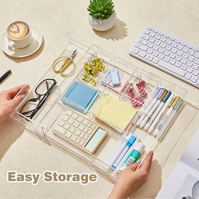 Briwooody 1 Pcs Acrylic Desk Drawer Organizer 9'' up to 18'' x 12'' x 2.1'' Expandable Drawer Organizer Trays with 8 Adjustable Compartments Clear Desk Accessories for Makeup Office Bathroom