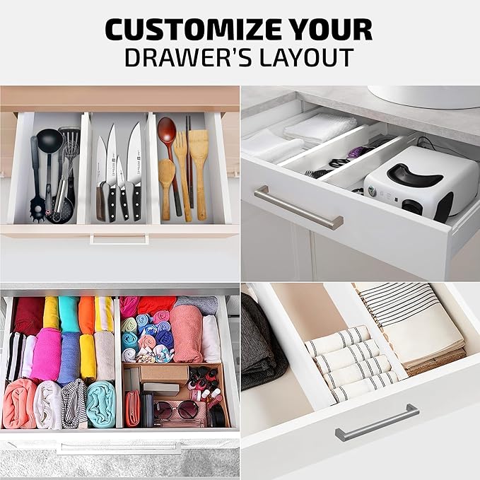 4-Pack Drawer Dividers - 2.6 Inches High, Adjustable 16 to 22 Inches Bamboo Drawer Organizer, Large Expandable Separator for Clothes, Dresser, Bedroom, Bathroom, Baby, Office, Kitchen Utensils, White
