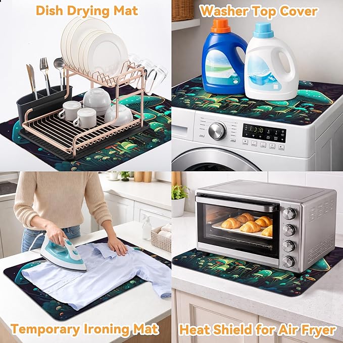 Decorative Stove Top Covers for Electric Stove 28"x20" – Heat Resistant Glass Cooktop Protector Dish Drying Mat – Non-Slip Rubber Backing Washer Top Cover Waterproof Extra Counter Space (Mushroom)