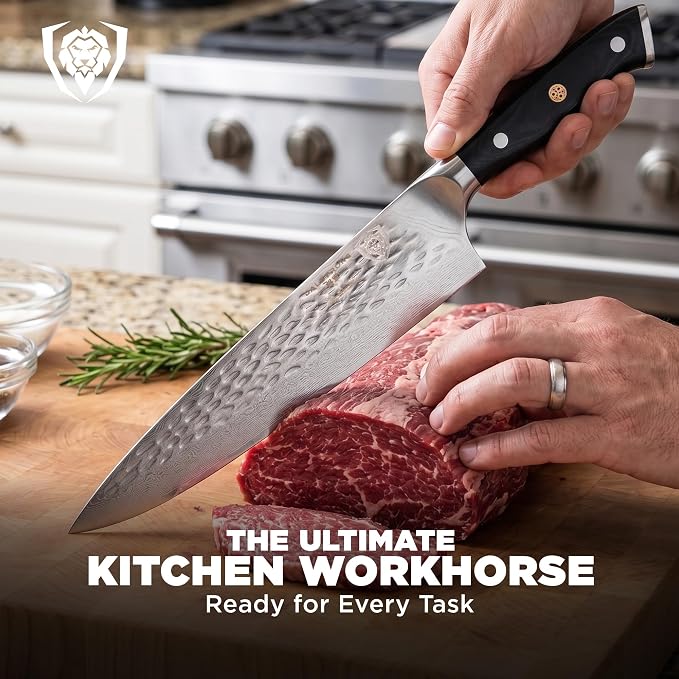 Dalstrong Chef Knife - 10.25 inch Blade - Shogun Series ELITE - Damascus - Japanese AUS-10V Super Steel - G10 Black Handle - Razor Sharp Kitchen Knife - Hammered Finish - Chef's Knife - Sheath