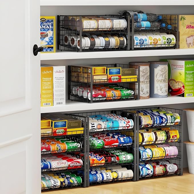 JKsmart 2-Tier Stackable Rack Organizer for Pantry, Adjustable Dispenser Holds Up to 120 Cans, Storage Holder for Various Ounces of Canned Drinks, Black, 4 Pack
