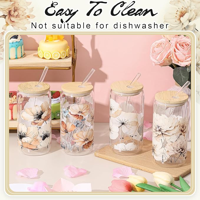 Mumufy 4 Pack Wildflower Glass Cups Gift Aesthetic Cute Glass Cup Tumbler Flower Iced Coffee Mugs 16 oz with Bamboo Lid & Straw, for Wedding Birthday Bridesmaid Mom Baby Shower
