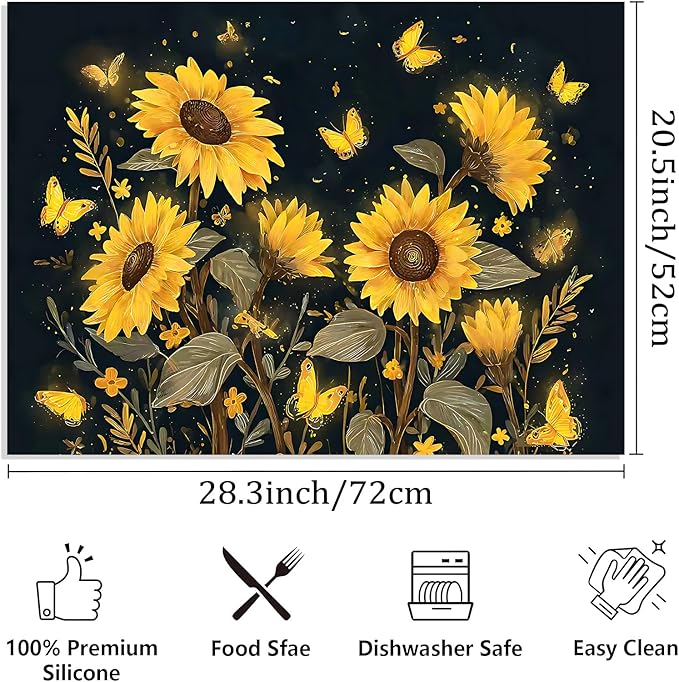 Decorative Sunflower Stove Cover Mat for Electric and Glass Stovetops, Heat-Resistant Countertop Protector with Floral and Butterfly Waterproof Anti-Slip Kitchen Surface(28×20 Inches) (Sunflower)