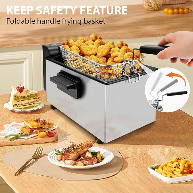 Pukomc Deep Fryer 3 Liter Capacity,1500W Oil Fryer with Adjustable Temperature,Viewing Window,Detachable Frying Basket,Made of Stainless Steel Material and Easy to Clean