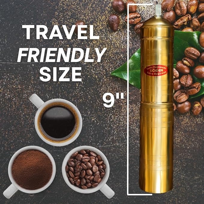 Sozen 9" Manual Coffee Grinder Brass – Hand Crank Burr Mill for Turkish Coffee, French Press, Espresso, Camping & Home Use – Portable Coffee Bean Grinder, Adjustable Conical Grinder