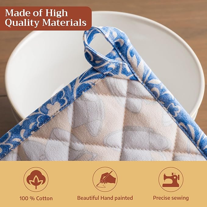 Maison d' Hermine Pot Holders 100% Cotton Heat Resistant Potholders 8" x 8" Hot Pads with Loop BBQ Cooking Baking Gifts for Mothers Day Handling Hot Pans Spring/Summer (Pack of 2, Canton)