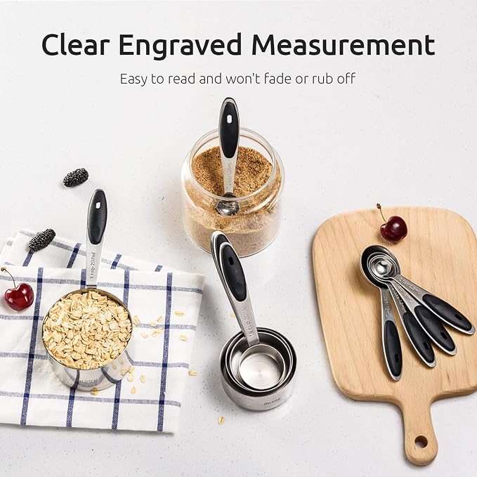 U-Taste 10 Piece Measuring Cups and Spoons Set in 18/8 Stainless Steel, and 18/8 Stainless Steel 5.5 inch 30 Mesh Strainer (Black)