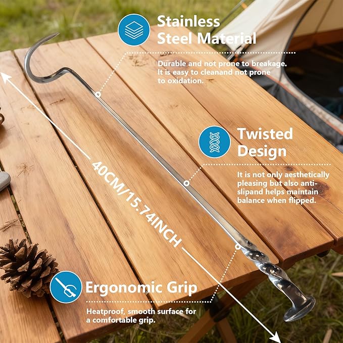 Meat Flipper, Grill Hooks for Turning, Heavy Duty Stainless Steel BBQ Turner Hooks with Long Handle for Flipping Ribs, Pork Shoulder, Roast on Smoker Grilling (Left Hand - A)
