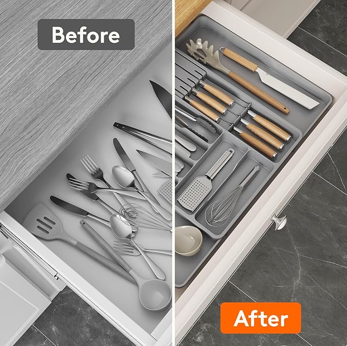 Lifewit Silverware Organizer for Kitchen Drawers, Expandable Cooking Utensil Tray, Adjustable Cutlery and Flatware Holder, Adjustable Spatula Tools and Gadgets Storage Divider