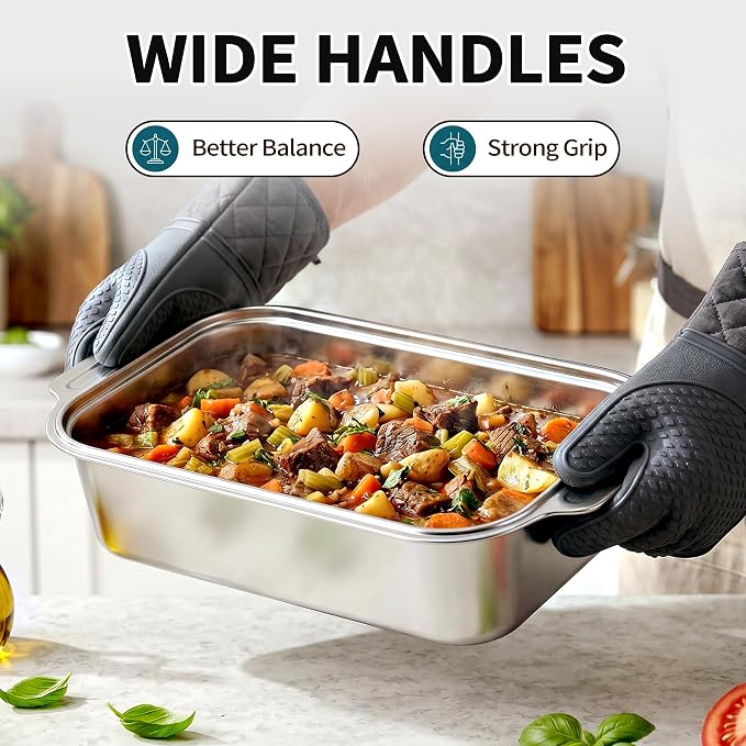 Extra Deep Stainless Steel Lasagna Pan with Wide Handles & Lid, 16.5 x 10 x 4 Inch, 6.3 QT Large Casserole Baking Dish, Oven Safe Heavy Duty Baking & Roasting Pan for Meal Prep & Storage