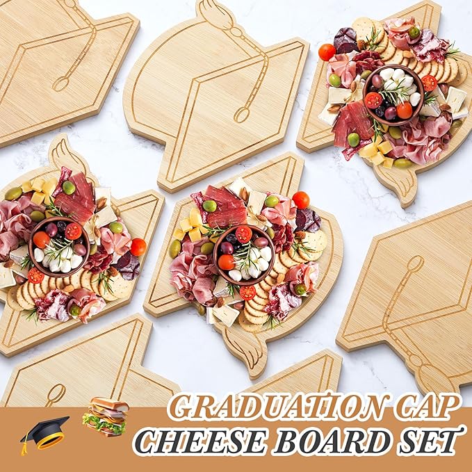 Ziliny 12 Sets Graduation Party Favors Graduation Cap Cheese Board Set with Knives Forks Gift Box for 2026 Class School Party