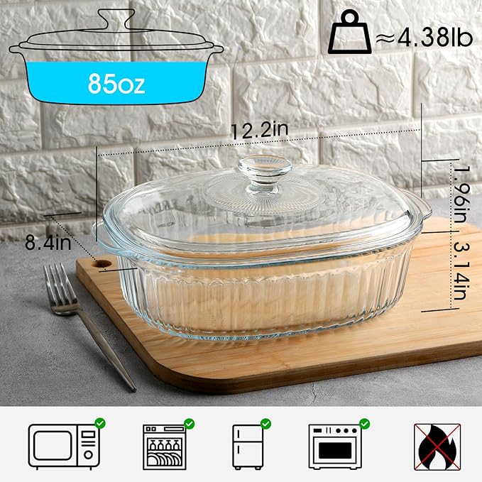 NUTRIUPS 3L Borosilicate Glass Oval Casserole Dish and Lid for Oven