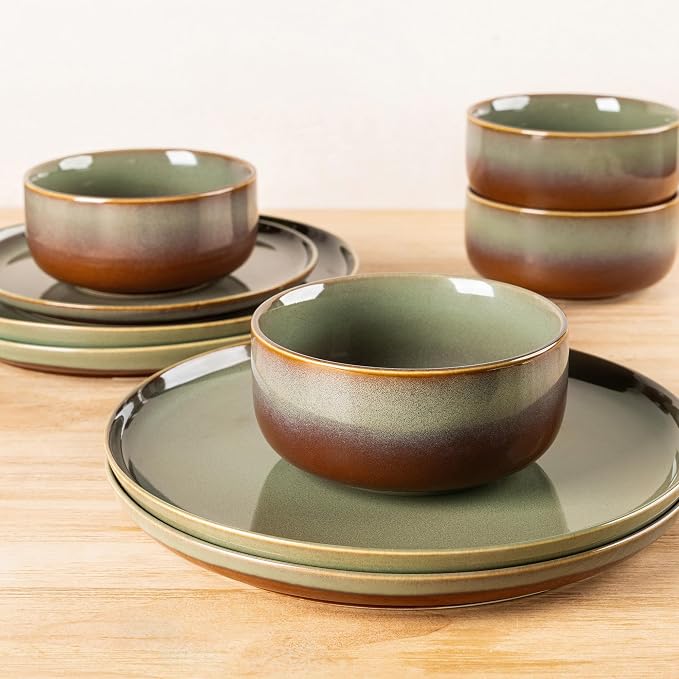 TheTerra Ceramic Dinnerware Sets for 4, 12 Pieces Handmade Reactive Glaze Plates and Bowls Set, Scratch Resistant Dish Set, Oven & Microwave & Dishwasher Safe, Sage Umber | Handmade Reactive Glaze, Scratch Resistant, Oven & Microwave & Dishwasher Safe,...