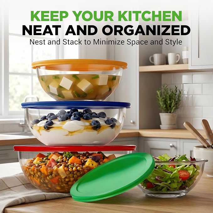 NutriChef 4‑Piece Glass Mixing Bowls with Lids – Premium Borosilicate Glass Bowl Set (1 QT‑3.7 QT) – Non‑Toxic Bowls with Airtight Lids for Mixing, Baking, Serving & Storage