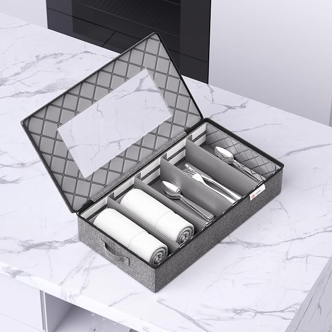 YearningHome Silverware Storage Box,Hard Shell Flatware Organizer with Lid and Zipper,Utensil Storage with Clear Window and adjustable Divider for Spoons,Forks.Knives,Grey
