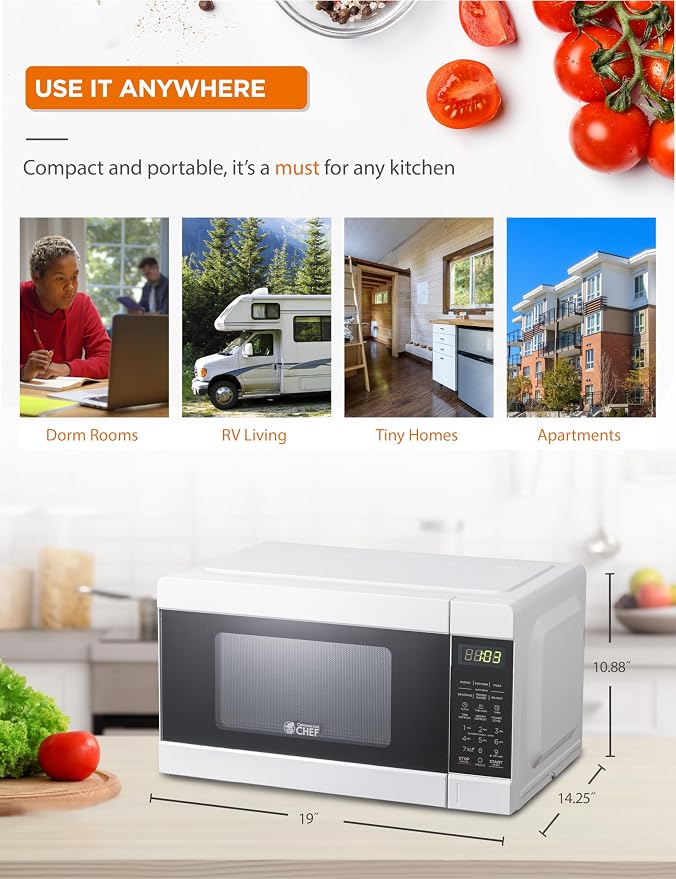 Commercial CHEF CHM990W 900 Watt Counter Top Microwave Oven, 0.9 Cubic Feet, White Cabinet