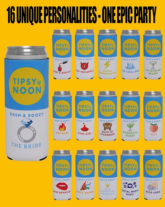 Funky Junque Bachelorette Party Favors Slim Can Cooler, Funny Bridesmaid & Bride Gifts for Girls Trip, Bridal Shower Decorations & Accessories, 12 oz Skinny Can Covers - Tipsy by Noon - 16 Pack