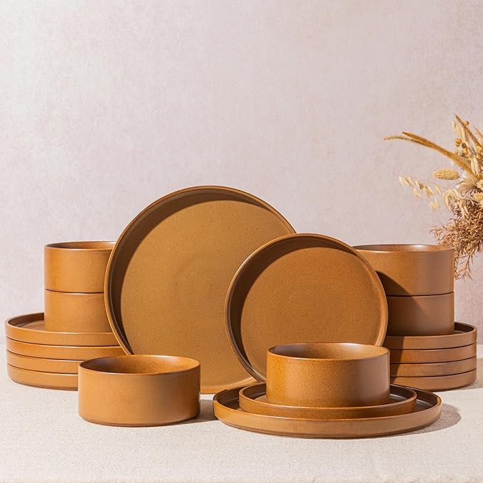 LERATIO Ceramic Dinnerware Sets for 6, High Edge Stoneware Plates and Bowls Set, Chip and Crack Resistant | Oven & Dishwasher & Microwave Safe Dishes Set, Service for 6