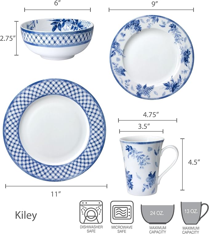 Mikasa Kiley Bone China Lightweight Chip Resistant 16 Piece Dinnerware Set, Service for 4,Blue and White