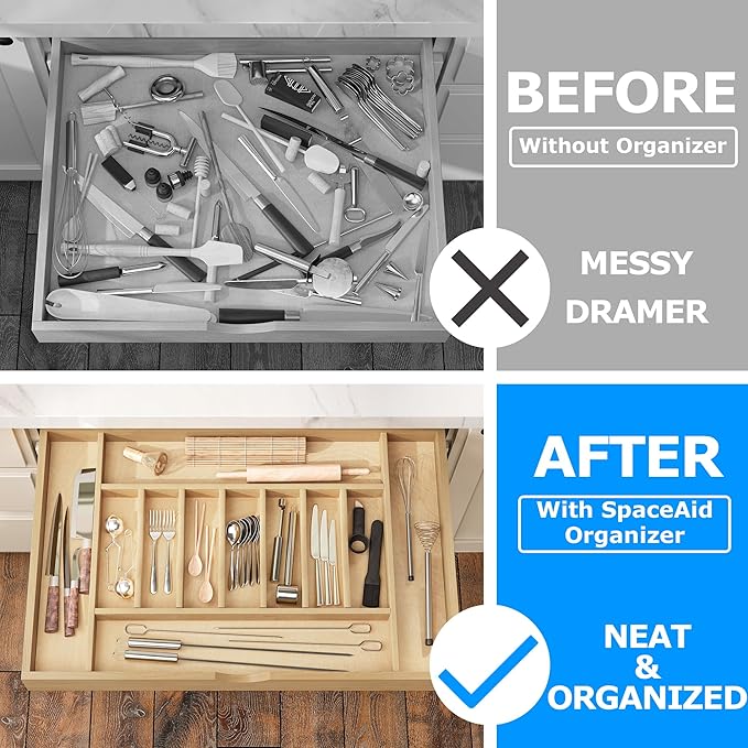 WelFurGeer Premium Wooden Silverware Organizer for Kitchen Drawers, Utensil Tray for Kitchen Drawer, Cutlery Drawer Organizer for Forks, Spoons, Knives - Sturdy Birchwood, Natural Finish