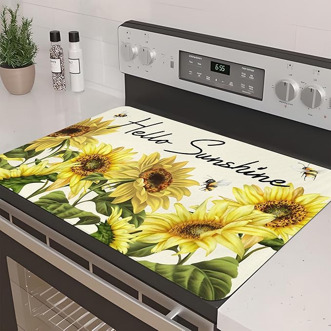 Decorative Stove Top Covers for Electric Stove 28"x20" – Heat Resistant Glass Cooktop Protector Dish Drying Mat – Non-Slip Rubber Backing Washer Top Cover Waterproof Extra Counter Space (Sunflower 2)