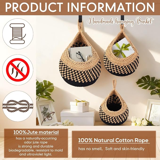 Honeydak Boho Decor Hanging Wall Baskets for Kitchen 3 Pack Teardrop Baskets with Hooks Storage Fruit Onion Vegetable Potato for Home 3 Sizes(Linen with Black,Teardrop,Cotton Rope)
