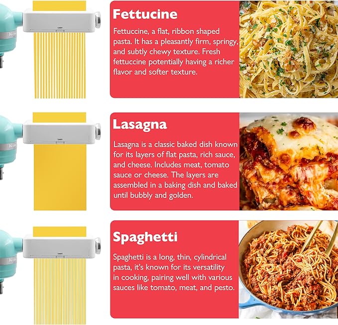 Pasta Maker Attachment 3 in 1 Set for KitchenAid StandMixers Included Pasta Sheet Roller, Spaghetti Cutter,Fettuccine Cutter Maker Accessories, Easy to clean