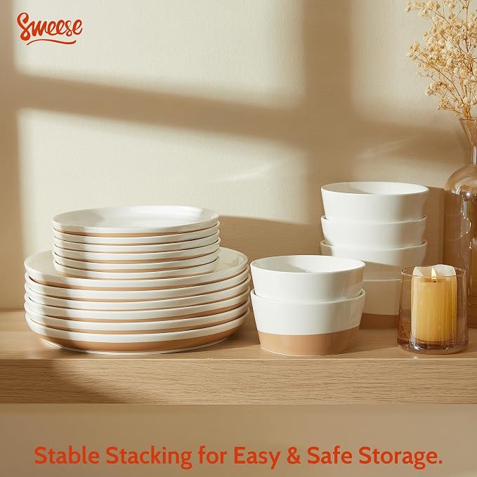 Sweese 18 Pieces Porcelain Dinnerware Set, Modern Dish Set for 6, Hand Painted Kitchen Plates and Bowls Sets, Scratch Resistant Dishware Sets, Dishwasher & Microwave & Oven Safe Dinner Set, Brown