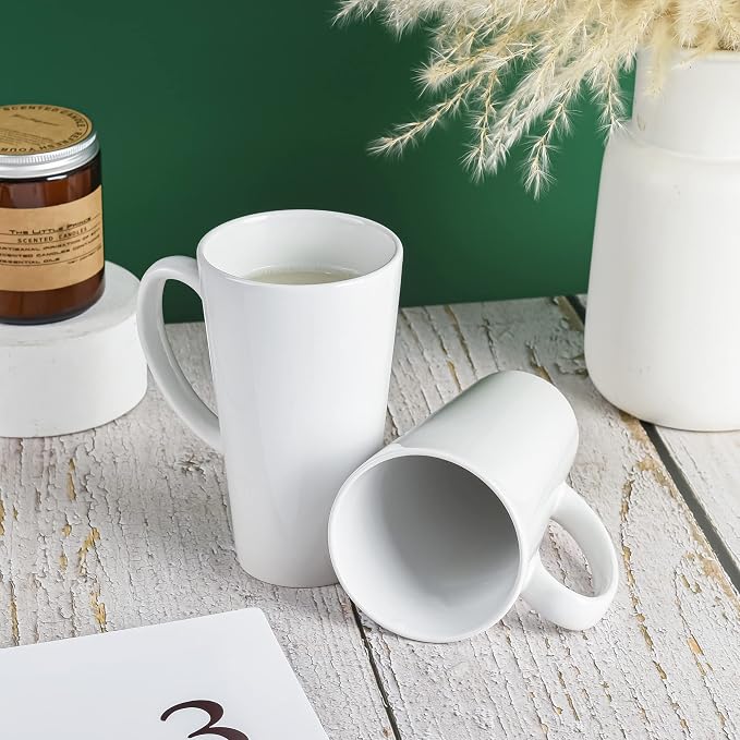 BYCNZB 16oz White Funnel Ceramic Tall Coffee Mugs for Coffee, Tea, Cocoa, Latte, Milk set of 4