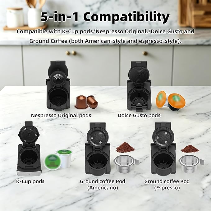 KOTLIE Single Serve Coffee Maker for K*cup/Nes Original/D*G Capsules and Ground Coffee, 50 Oz Removable Reservoir, up to 12oz Cup Sizes,Ideal for Kitchens, apartments, dorm rooms and Offices (CM-827)