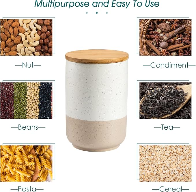 vancasso Sabine Kitchen Canister Set of 3, Ceramic Food Storage Containers with Airtight Wood Lids, Countertop & Pantry Organization for Flour, Sugar, Coffee, Tea & Snacks