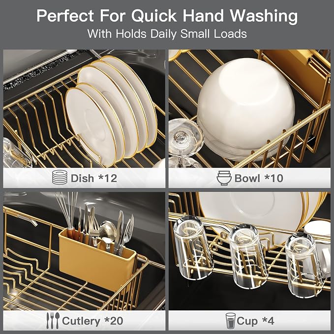 MAJALiS Gold Dish Drying Rack Over The Sink with Utensil Holder | Expandable Stainless Steel Dish Drainer for Small Kitchen, Apartment, RV, Counter Space Saving, Perfect Fit, Rustproof