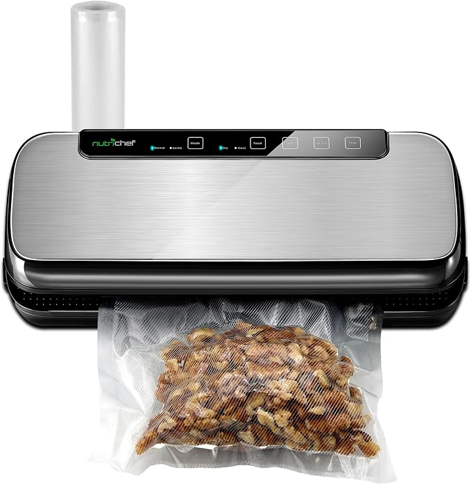 NutriChef Food Vacuum Sealer Machine, 110W Stainless Steel Automatic Chamber Vacuum Sealer with LED Touch Controls, For Food Storage, 5 Reusable Vacuum Bags, Hose & Wine Stopper, 14" x 6" x 3"